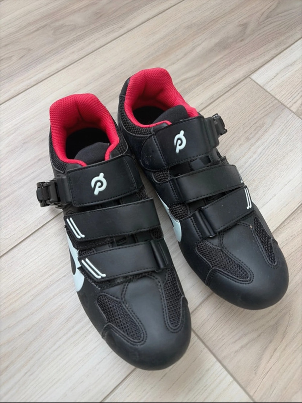 Peloton Black Cycling Shoes with Red Lining and White Accents